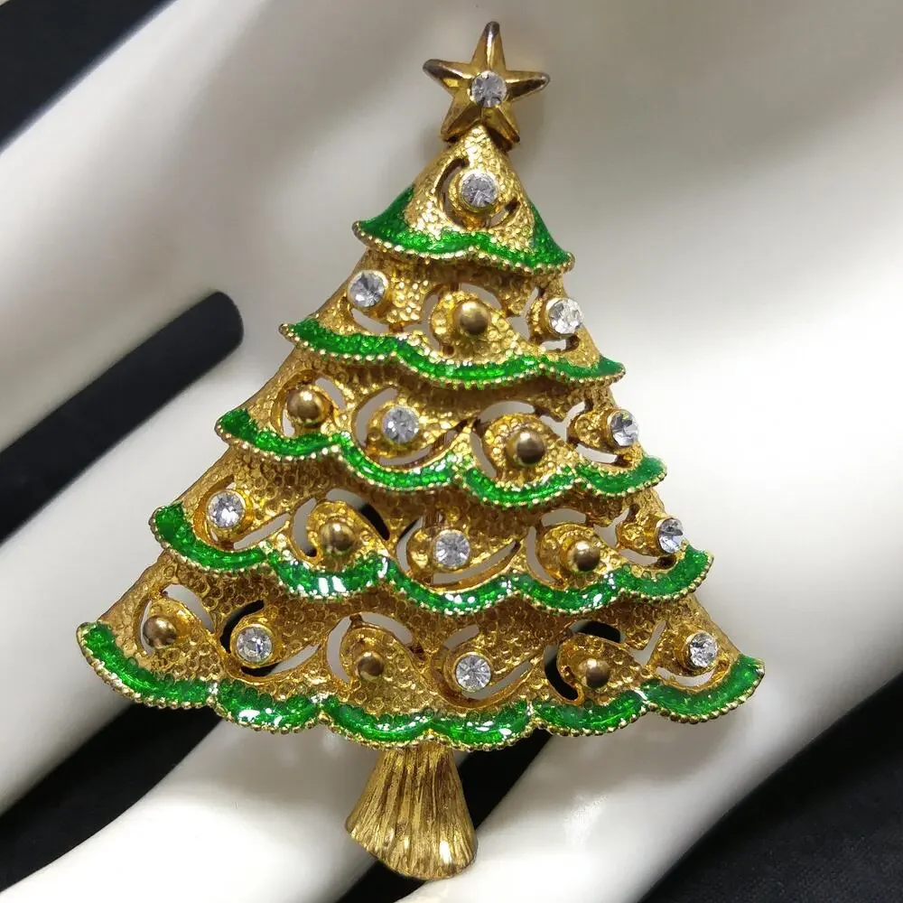 Eisenberg Ice Christmas Tree Brooch, Rhinestones & Enamel, Vintage Jewelry
